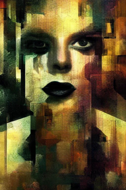 Image similar to a beautiful glitched painting by christian hook of a woman in a bathroom, geometric shapes and pixel sorting, brushstrokes by jeremy mann, still life, dark colors