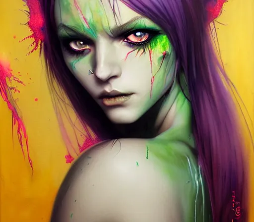 Image similar to a Demon Slayer portrait of Upper Six rank Daki , tall, pale-skinned, and slender woman with lime green eyes and long eyelashes by Stanely Artgerm,Tom Bagshaw,arthur adams,Carne Griffiths,trending on DeviantArt,street art,face enhance,chillwave,maximalist,full of color,glittering