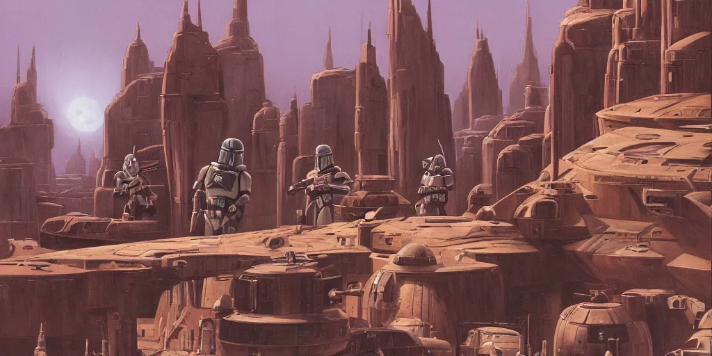 Prompt: star wars mandalorian environment by aaron horkry and ralph mcquarrie