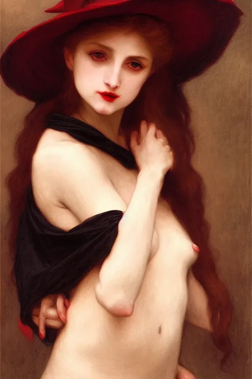 Image similar to vampire in a big hat, painting by rossetti bouguereau, detailed art, artstation