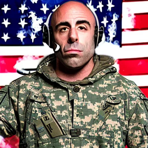 Prompt: an image of joe rogan smoking weed over the fallen enemy soldiers.