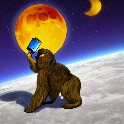 Prompt: a giant monkey eating a banana in the moon, space, night, realistic, fur, star wars style, neon, laser