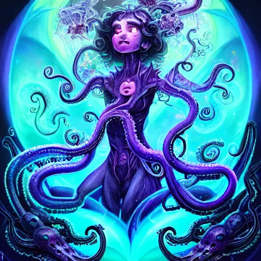 Image similar to A full shot of a dark fairy from the Abyss covered in opal. Symmetrical. Underwater. Lit from above. Dark foreboding Atmosphere. Sailor Moon. Tentacles. Kawaii. Neon glow. By Lisa Frank and HR Giger and Ross Tran. Key Art. Fantasy Illustration. award winning, Artstation, intricate details, realistic, Hyperdetailed, 8k resolution. Photoreal. Octane Render.