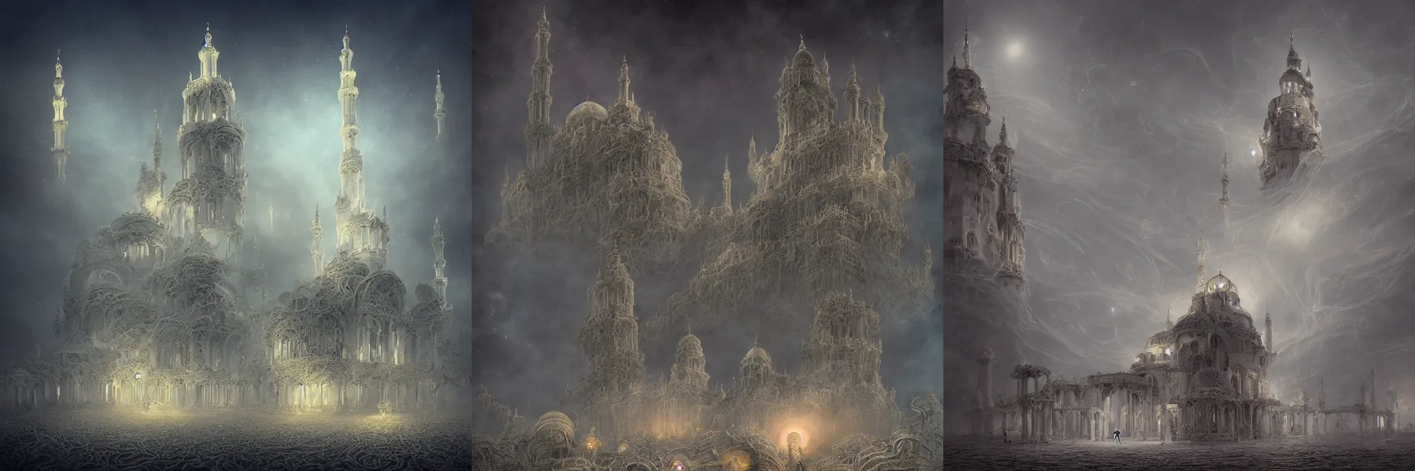 Prompt: Golden Lovecraft Mosque made of white bones, covered in pink flesh, wrapped by eldritch grey tentacles, silver insect legs, under a blue nebula. cosmic, by H.R Giger and Ivan Aivazovsky, dramatic night sky, foggy, trending on artstation, ornate, intricate, very very detailed, dark, vibrant, atmospheric, digital art, octane render, 4k UHD,