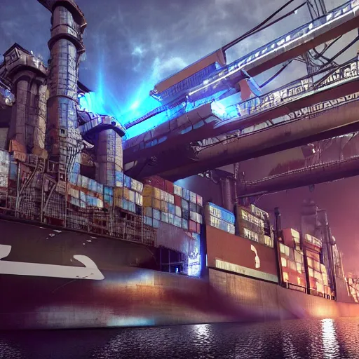 Image similar to photo of Immense industrial futuristic cargo ship arrives at cyber punk city sea port, cinematic lighting, photo