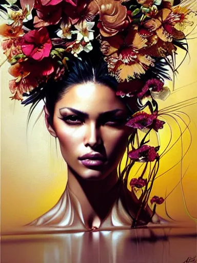 Prompt: a portrait of latina supermodel with a floral background by karol bak, artgerm, moebius, yoji shinkawa : : portrait, illustration, photorealism, hyperrealism