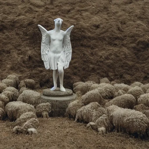 Prompt: Statue of a creepy sheep as an angel, photorealistic, film still, desolate