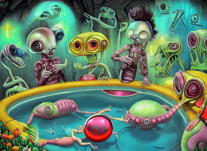 Image similar to 👽 aliens by a cave pool, lowbrow, amazing colorful background, digital art, concept art, in the style of mark ryden, 3 - d 4 k,