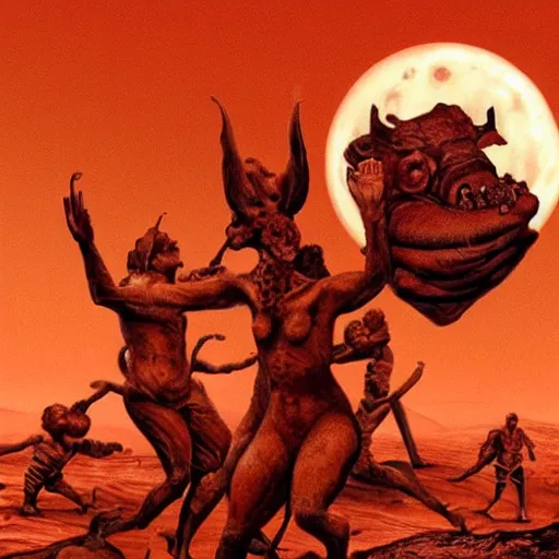 Prompt: millions of mars needs moms hoisting their infants toward the moloch statue moloch burns with the fire of one thousand babies