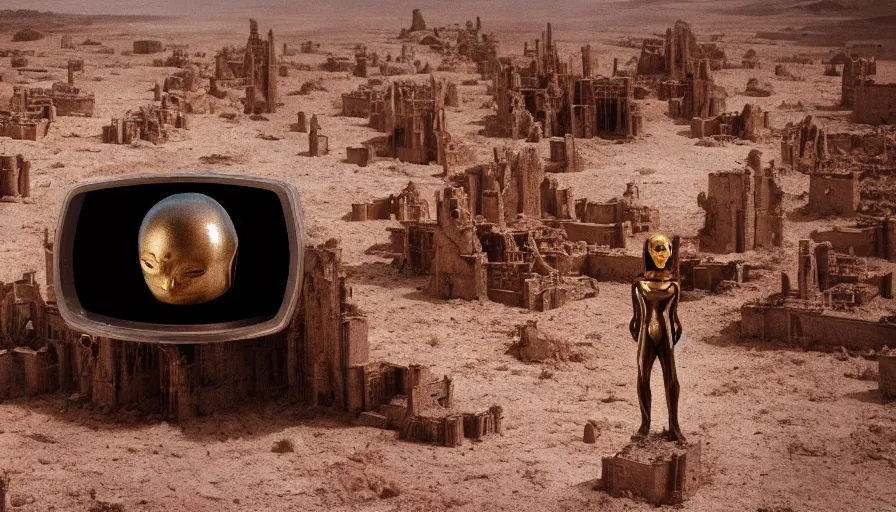 Image similar to levitating bene gesserit with full - face golden mask in a dry rocky desert landscape, alien city ruins designed by giger, giant abandoned alien city by alejandro jodorowsky, anamorphic lens, kodakchrome, practical effects, masterpiece, 8 k