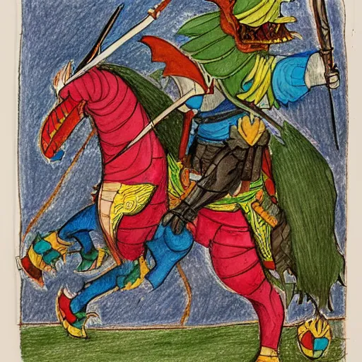 Prompt: Diplomacy of Knight and Dragon, paper cutout with colored-pencil drawing details