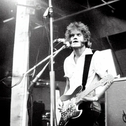 Prompt: kim larsen standing on stage at a rock concert, 1980 photo