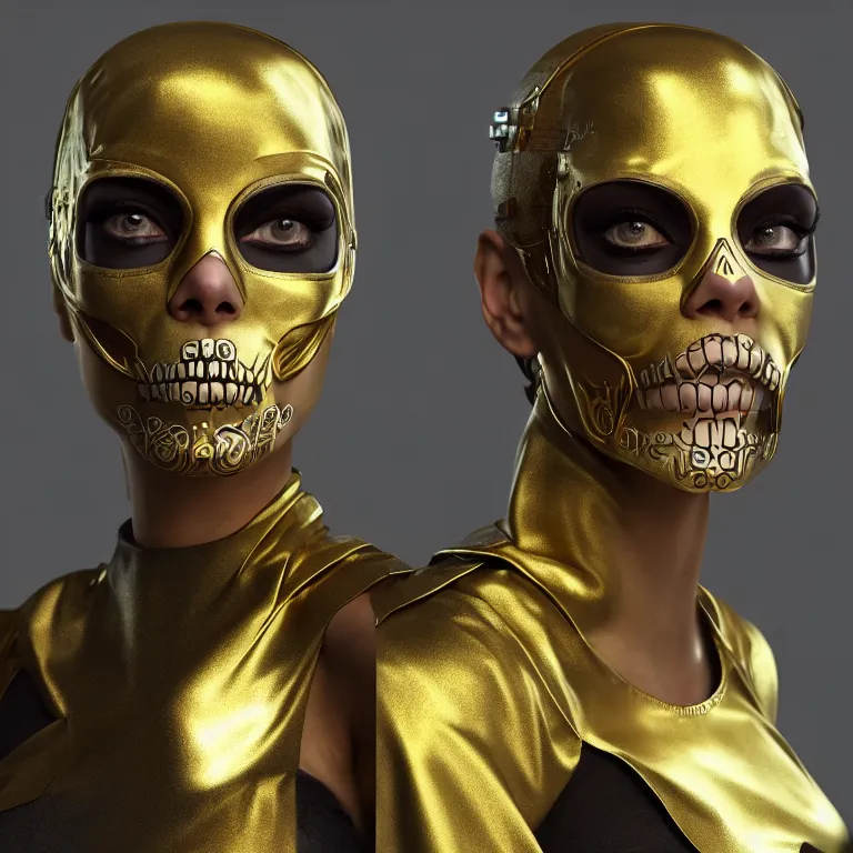 Prompt: cyberpunk female with a gold accented metallic sugar skull mask, concept art by jama jurabaev, cinematic shot, trending on artstation, hybrid from the elden ring and art direction by darius zawadzki ; by artgerm ; wayne reynolds art station ; cinematic quality character render ; low angle ; ultra high quality model ; production quality cinema model