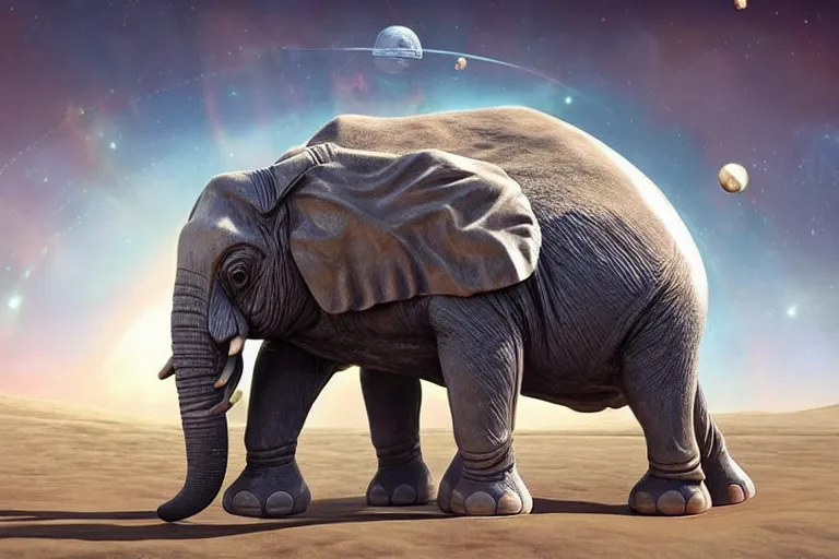 Image similar to still fullbody photo of sad albert einstein in spacesuit, giant flat earth on elephants and turtle at background, highly detailed, photorealistic shot, bright studio setting, studio lighting, crisp quality and light reflections, unreal engine 5 quality render