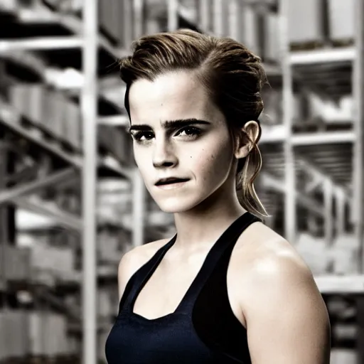 Image similar to photo, close up, emma watson in a hi vis vest, in warehouse, 2 0 0 8 android cameraphone, low contrast, 2 6 mm,