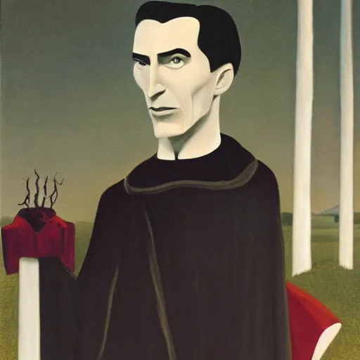 Prompt: grant wood's painting of dracula on the porch of a southern plantation, proudly gazing out on his cotton fields. he is pale, with black hair and a black and red cape.