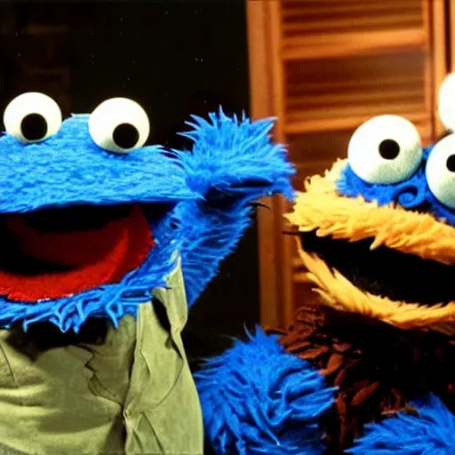 Image similar to Cookie Monster Muppet on Sesame Street smoking weed