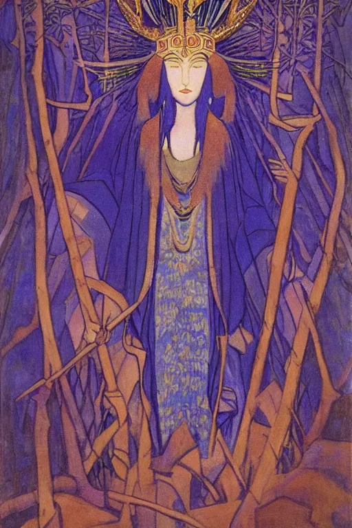 Prompt: new queen of the forest with her scepter, by Nicholas Roerich and jean delville, dramatic cinematic lighting , ornate headdress , lost civilizations, extremely detailed