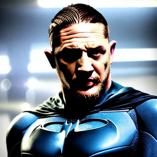 Image similar to Film still of Tom Hardy as Batman from DC (comics), without mask,