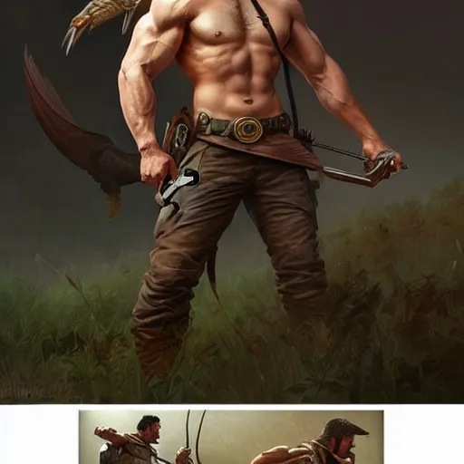 Image similar to Rugged male ranger laughing with his friends, relaxed, D&D, muscular, upper body, fantasy, intricate, elegant, highly detailed, digital painting, artstation, concept art, smooth, sharp focus, illustration, art by artgerm and greg rutkowski and alphonse mucha