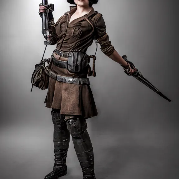 Image similar to full length photo of a very beautiful female dieselpunk warrior, 8 k, hdr, smooth, sharp focus, high resolution, award - winning photo