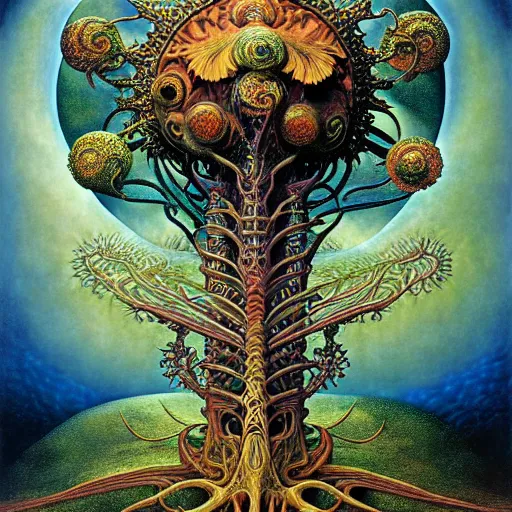 Image similar to divine chaos engine by roger dean and andrew ferez, tree of life, symbolist, visionary, art forms of nature by ernst haeckel, art nouveau, botanical fractal structures, surreality, detailed, realistic