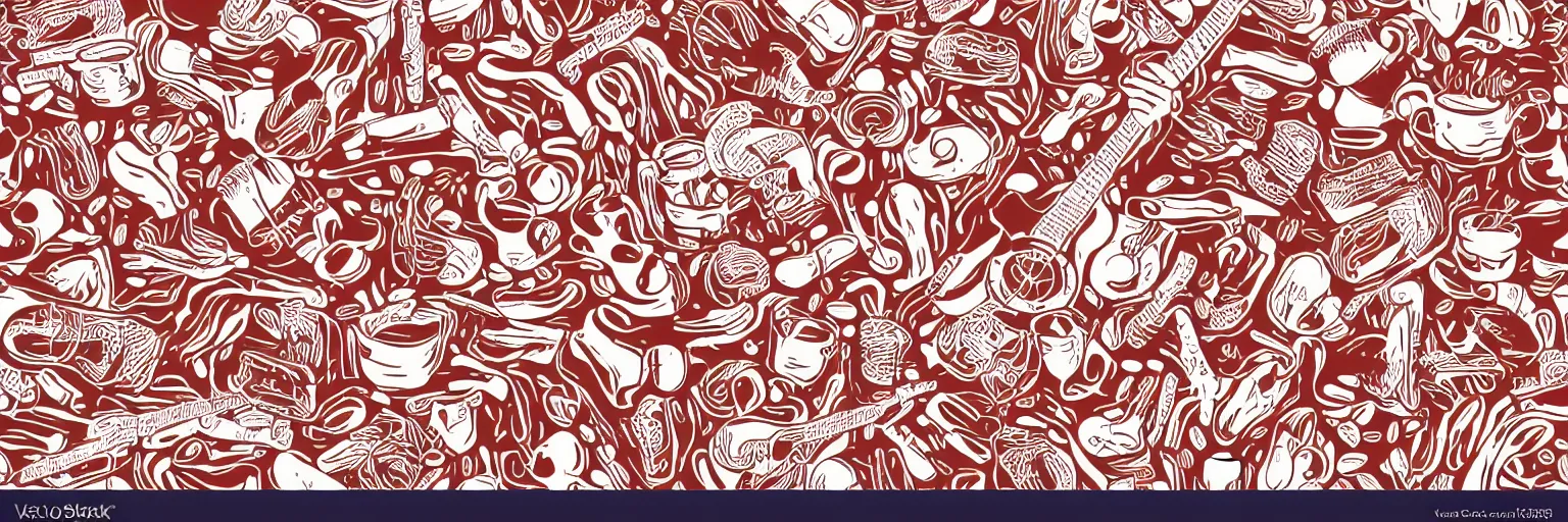 Image similar to seamless pattern design, coffee and guitar, vector, simple, red and white,