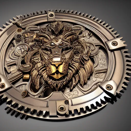 Image similar to A steampunk ornate lion made of engraved full plate armor and gears, Macro shot by Justin Gerard, unreal engine, physically based rendering