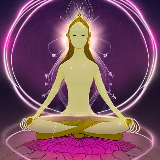 Prompt: glowing cracks, elven princess, meditating, peaceful, levitating, powerful, blossoming, lotus pose, zen, glowing, fractal background, ascending