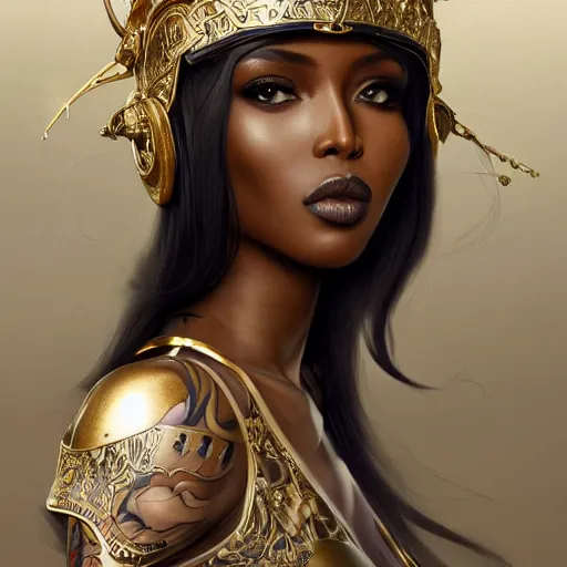 Image similar to an attractive young tattooed female with piercings wearing an white ornate metallic helmet, naomi campbell, olive skin, long dark hair, beautiful bone structure, intricate, elegant, highly detailed, digital painting, artstation, concept art, smooth, sharp focus, illustration, art by artgerm and greg rutkowski and alphonse mucha