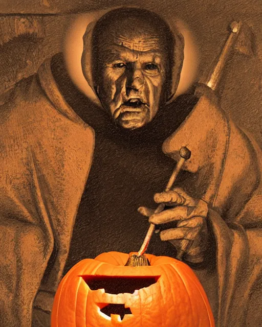 Prompt: a jack - o - lantern being carved by martin luther using a nail and mallet, in the styles of ferdinand pauwels, greg rutkowski, and judy boyle intricate, hyperrealistic, accurate facial details, volumetric lighting