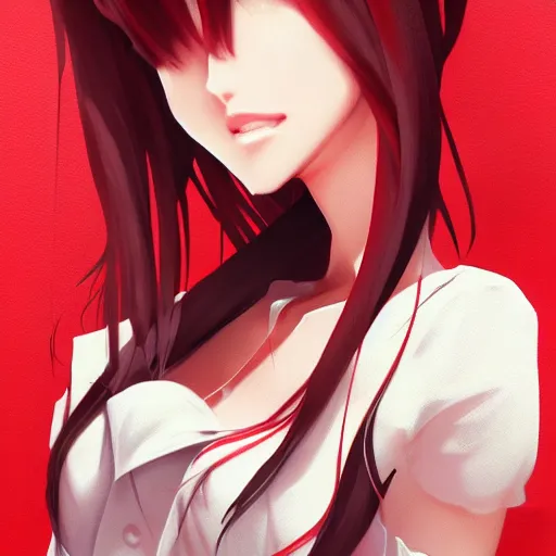 Image similar to kurisu makise, elegant, ultra highly detailed, digital painting, smooth, sharp focus, artstation, top-down shot, red background, art by Ina Wong