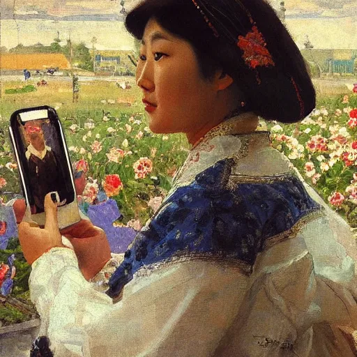 Image similar to portrait of asian beautiful woman watching smartphone masterpiece painting by vasnetsov and surikov, JEAN-VICTOR BERTIN, by Terence Cuneo, detailed, artfully traced, 4k resolution, cinematic