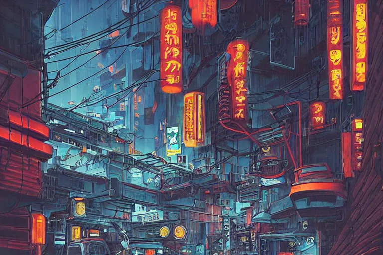 Image similar to auto repair shop in a neo - tokyo alleyway in cyberpunk style by vincent di fate