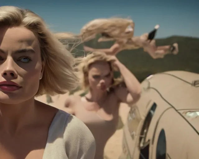 Image similar to a photo of margot robbie falling in the sky next to a helicopter, hyper realistic faces, beautiful eyes, cinematic, long shot, hyper detailed, 8 5 mm photograph, 8 k resolution, film still, sharp lens, wide lens