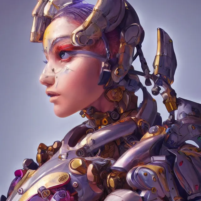Image similar to studio portrait of lawful good colorful female holy mecha paladin absurdly beautiful, elegant, young thin bikini model, ultrafine hyperrealistic detailed face illustration by kim jung gi, irakli nadar, intricate linework, sharp focus, bright colors, matte, octopath traveler, final fantasy, unreal engine highly rendered, global illumination, radiant light, intricate environment