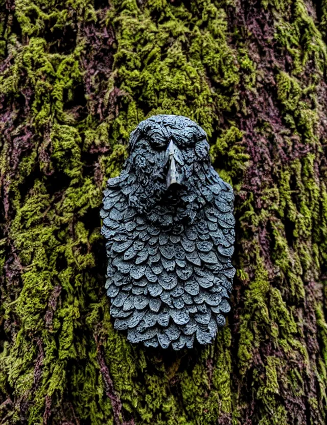 Prompt: raven god in the lichen woods. this installation by an indie artist has an interesting color scheme, plenty of details and impeccable lighting.