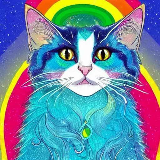 Prompt: portrait friendly cute happy stylish realistic rainbow cat. background in the style of art nouveau. lively. colorful. hd.