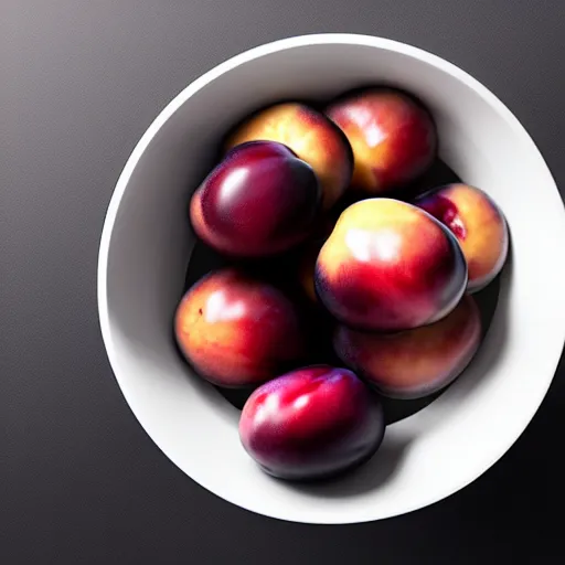 Image similar to concept art of a single thick porcelain bowl filled with a few moist freshly picked plums on a wooden table. volumetric lighting. 4 k. small scale. artistic. top down.