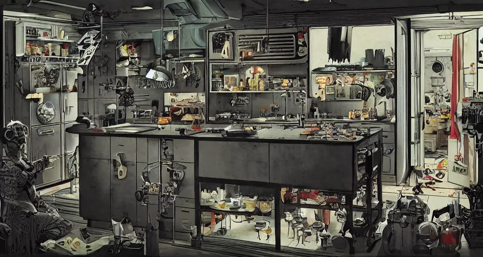 Prompt: IKEA catalogue photo of a cyberpunk kitchen on a spaceship, by Ravi Zupa