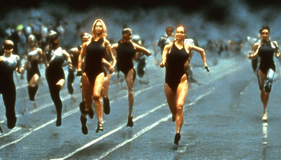 Prompt: The matrix, LeeLoo, Starship Troopers, Clarice Starling, Sprinters in a race with a clear winner, The Olympics footage, intense moment, cinematic stillframe, shot by Roger Deakins, The fifth element, vintage robotics, formula 1, starring Geena Davis, sports photography, clean lighting