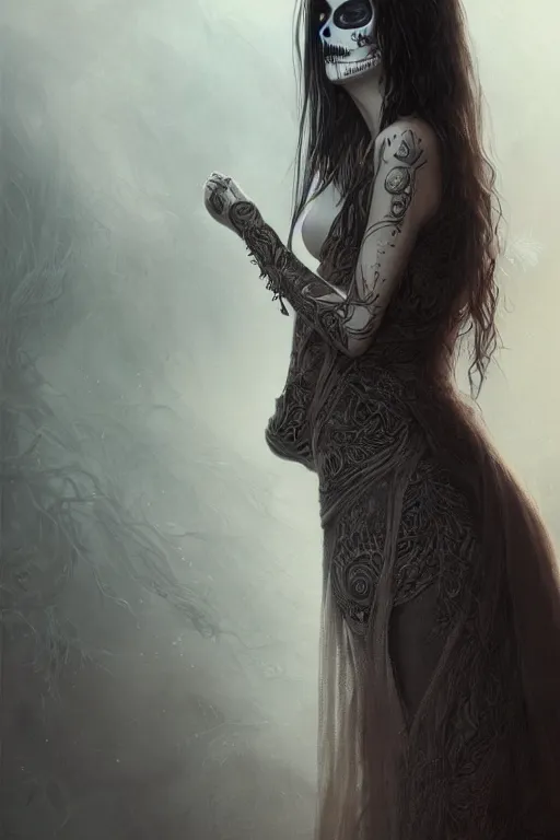 Image similar to ultra realist and ultra intricate detailed character concept art of a beautiful slim but curvy muerte girl in a long dress, thin lustrous hair, symmetry features, sensual gloomy style, soft painting, volumetric light and fog, fantasy background, artstation, Tom Bagshaw artstyle, unreal render