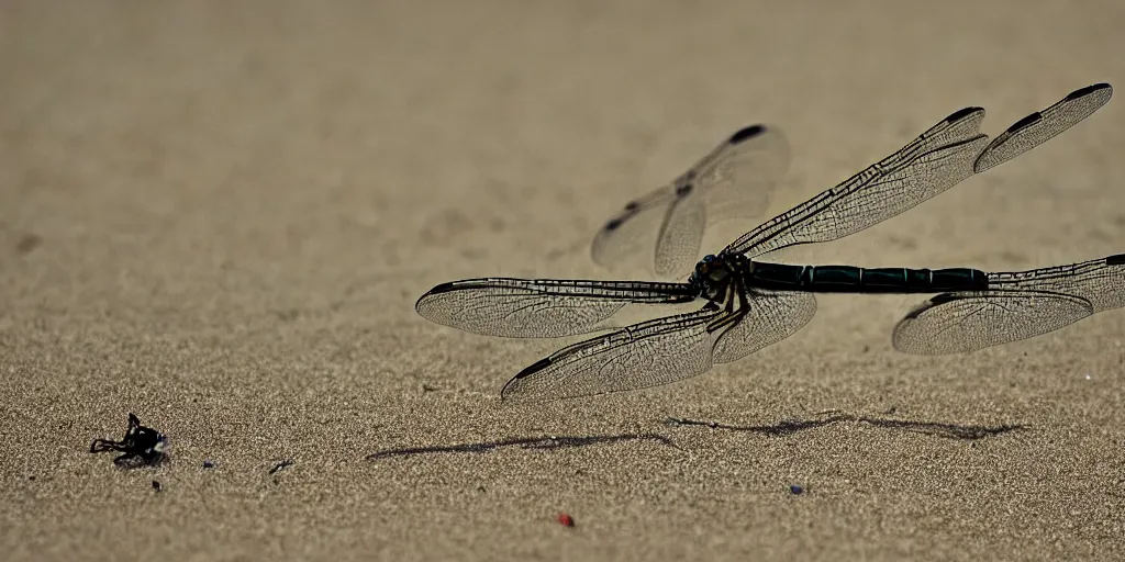 Prompt: deadly dangerous dragonfly on the sand beach in the last rays of evening sun trying to eat all of the peoples, high detailed scene from ridley scott movie