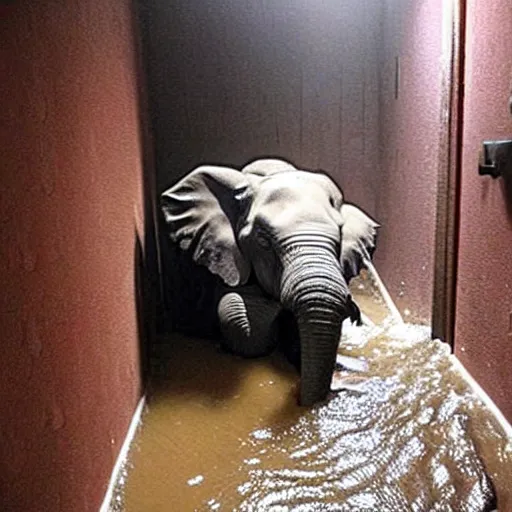 Prompt: a creepy elephant at the end of a flooded basement hallway. craiglist photo.