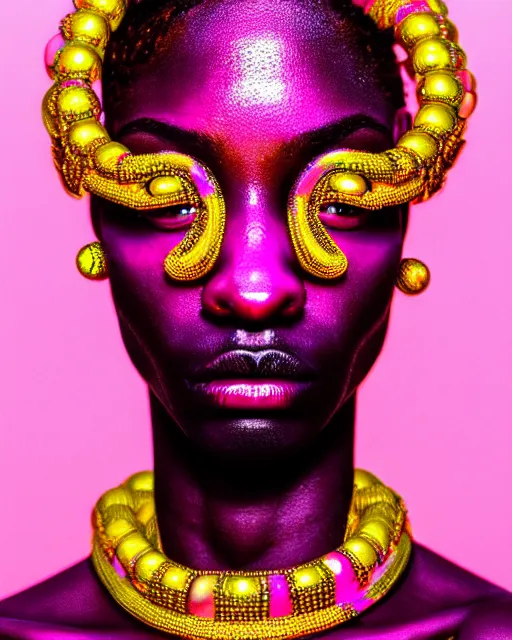 Image similar to hyperrealist highly intricate neo-baroque portrait pink pearlescent exoskeleton beautiful black goddess concept art pascal blanche key sage dramatic yellow lighting 8k high angle shallow depth of field