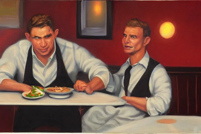 Image similar to busser in a restaurant declares his undying love to an empty plate, art by dean macadam