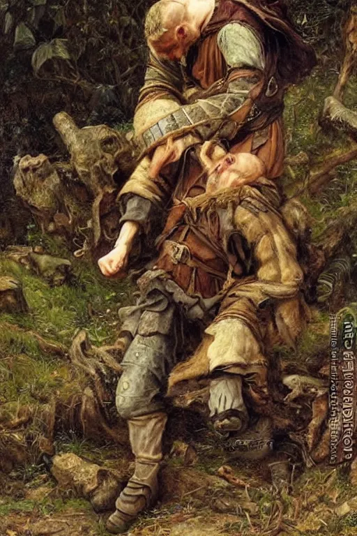 Image similar to a stumbling and falling medieval man as a oilpainting by Sophie anderson