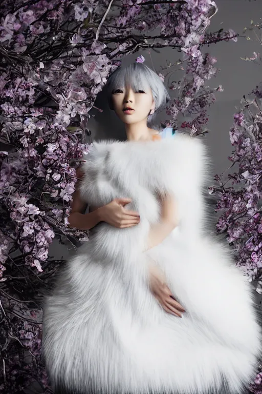 Prompt: full body aesthetic studio photograph of a beautiful young japanese woman in a white fur cocktail dress by Nick Knight, cinematic lighting, realistic, photorealistic, HD, 4k resolution