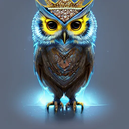 Image similar to detailed portrait of a magical owl, wearing a diamond crown, glowing feathers, digital art, realistic, dnd, character design, artstation