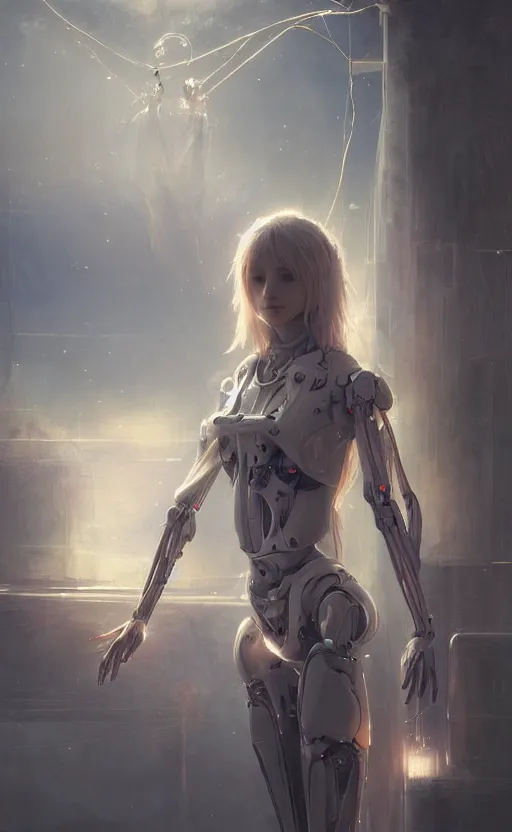 Prompt: a girl from final fantasy live action, humanoid robot, cables, evocative, mystical night, very very very very detailed, award winning, masterpiece digital painting by greg rutkowski, alex grey, artstation, 4 k wallpaper